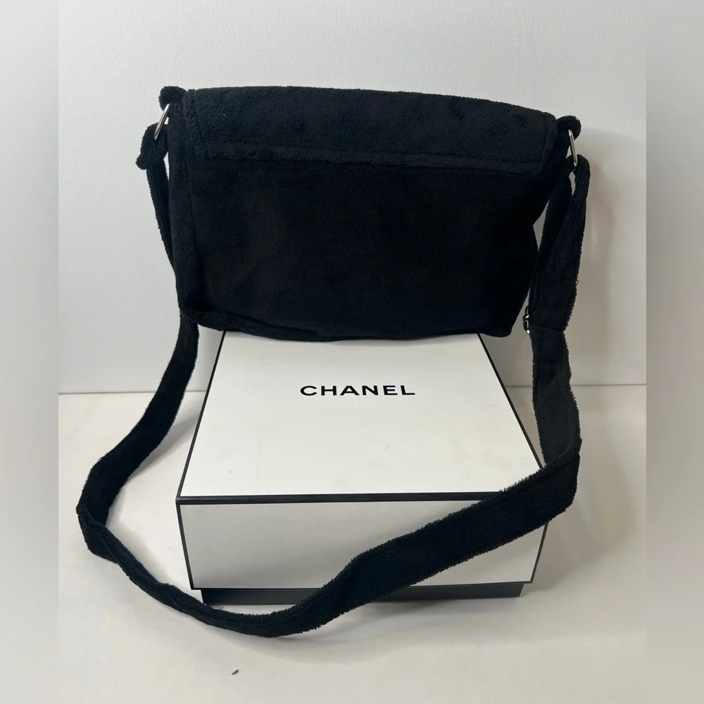 Chanel Makeup Bag crossbody purse velour flap CC black white terry precision - Picture 6 of 9